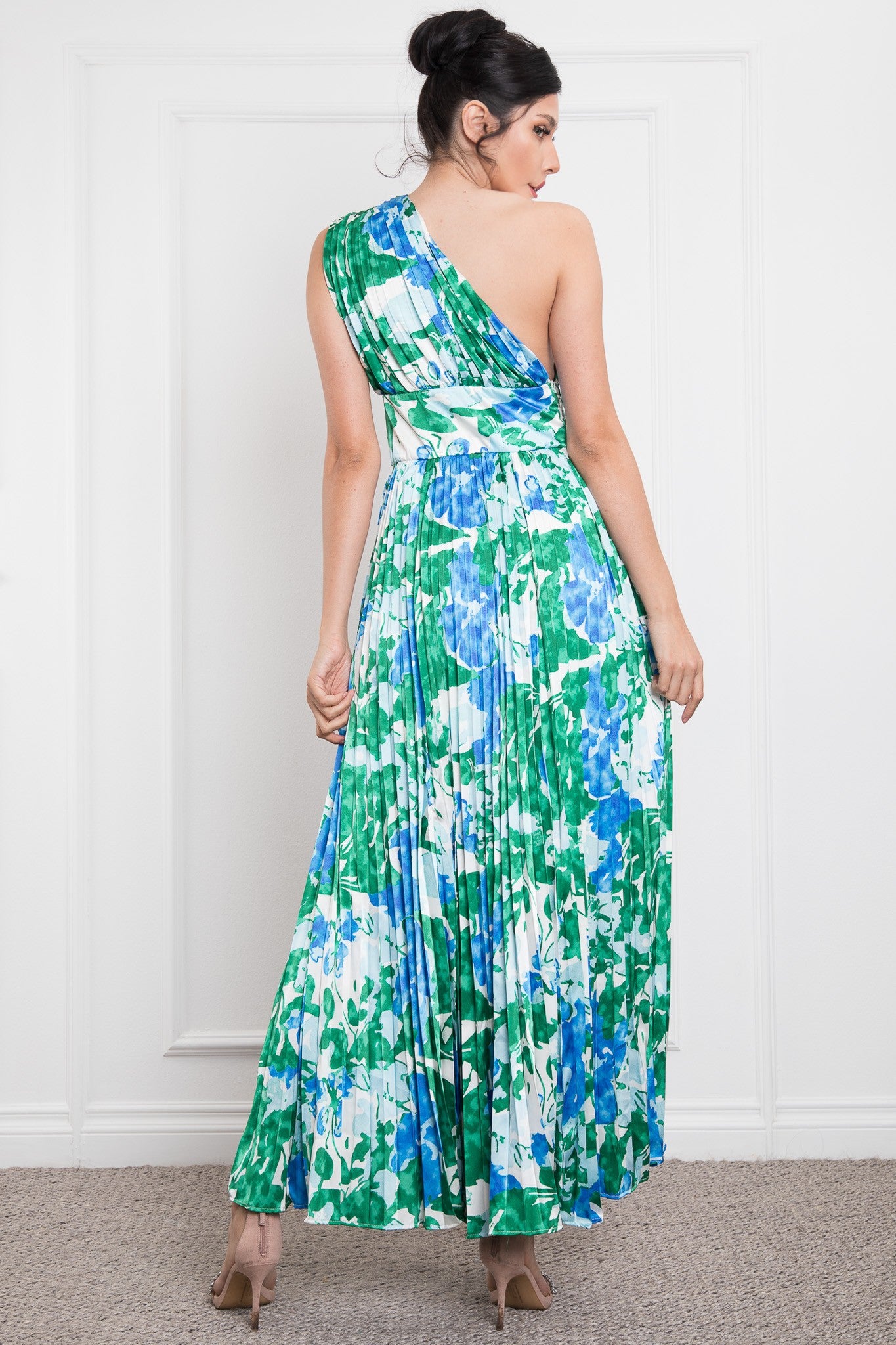 ONE SHOULDER PLEATED SIDE ZIP UP MAXI DRESS