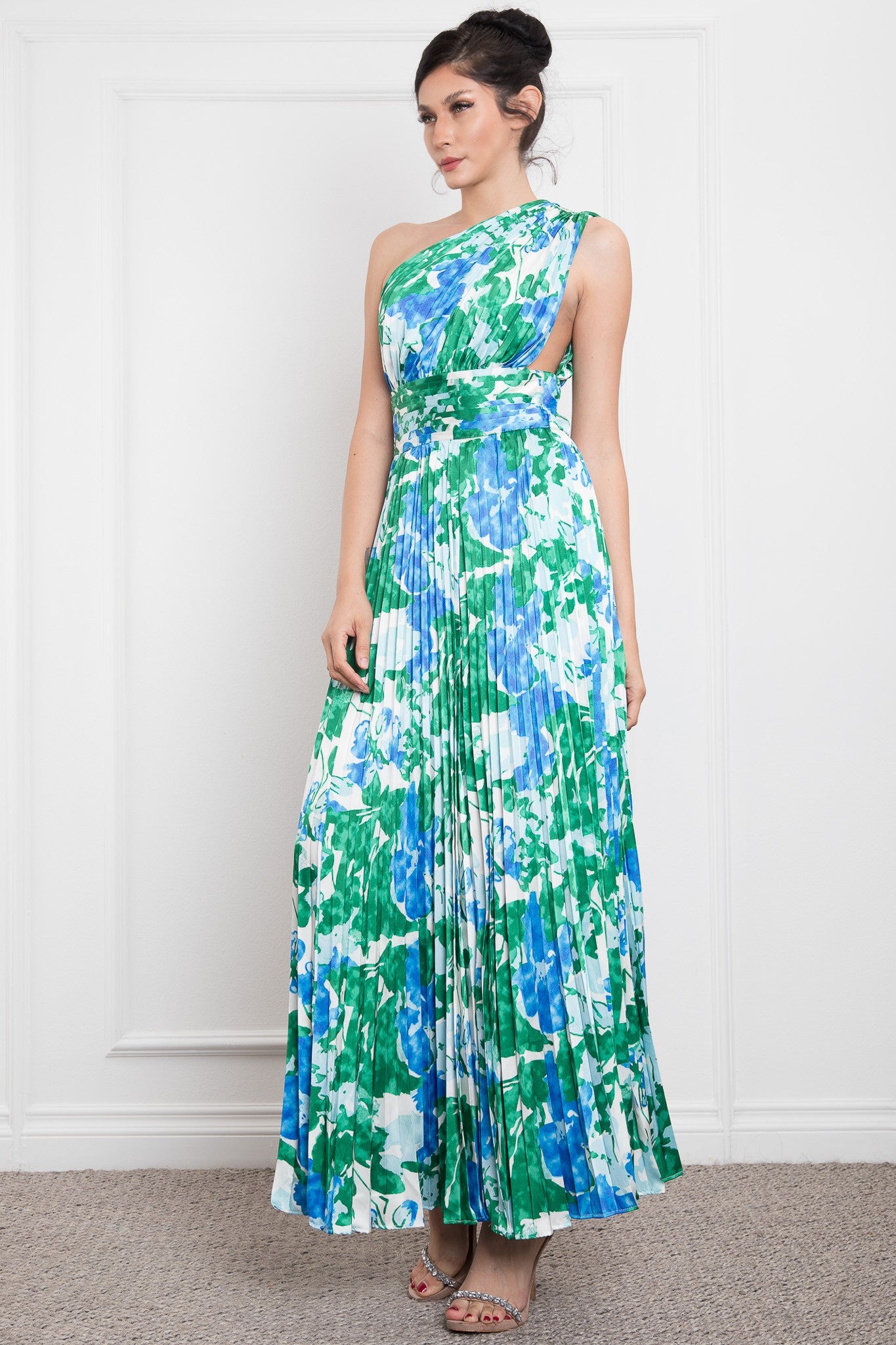 ONE SHOULDER PLEATED SIDE ZIP UP MAXI DRESS