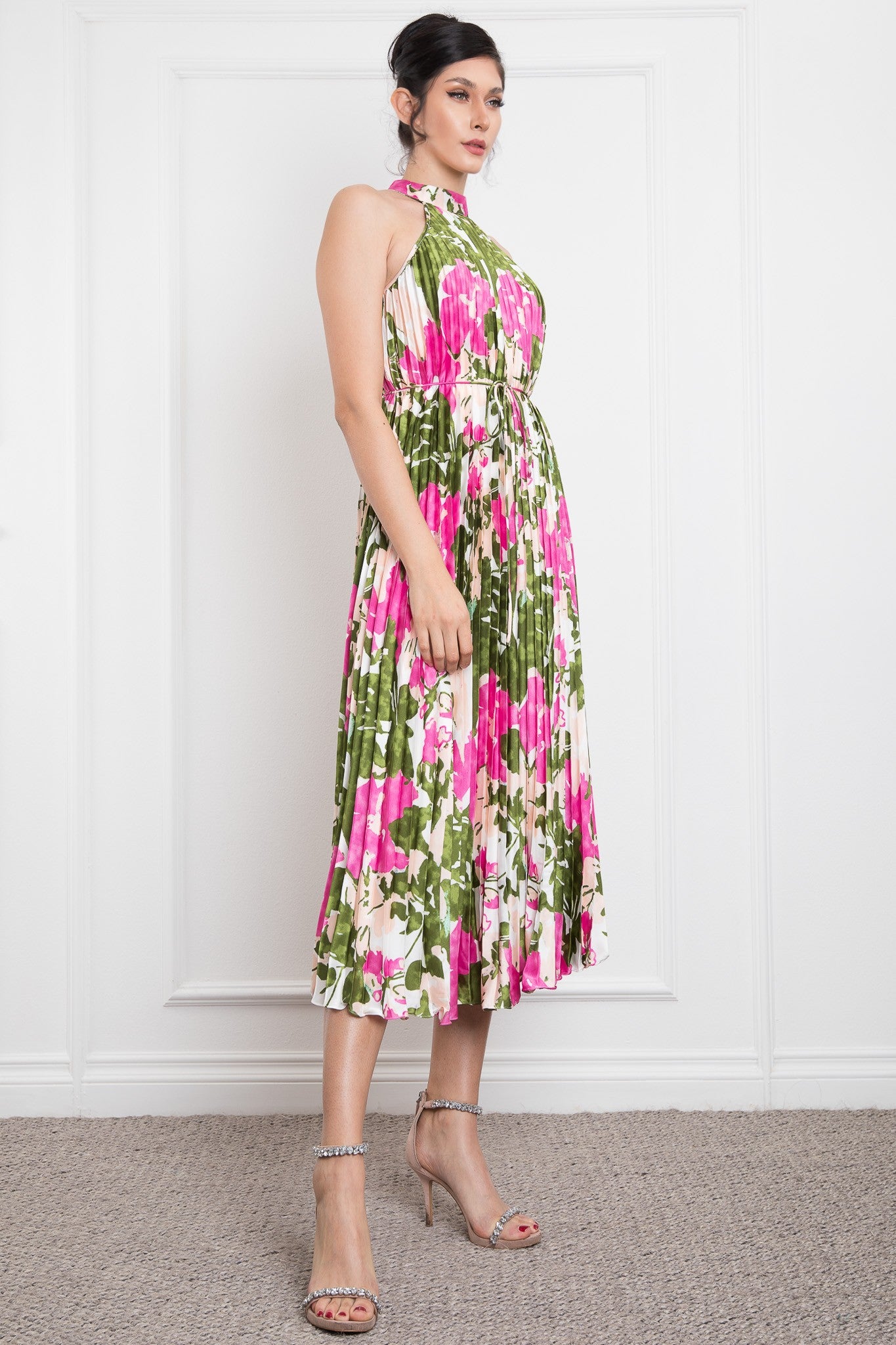 Pleated Halter Neck Printed Satin Midi Dress RVD5870