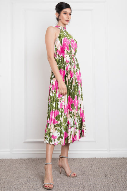 Pleated Halter Neck Printed Satin Midi Dress RVD5870