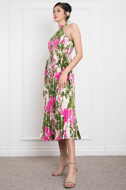 Pleated Halter Neck Printed Satin Midi Dress RVD5870