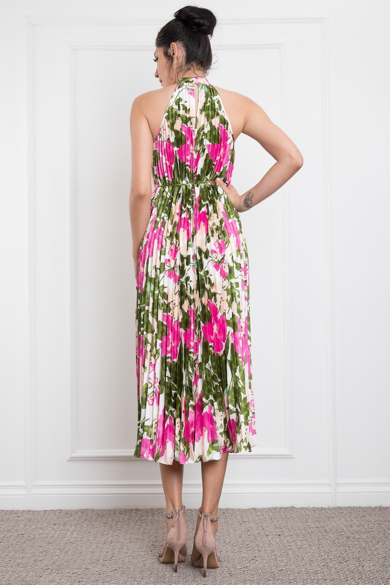 Pleated Halter Neck Printed Satin Midi Dress RVD5870