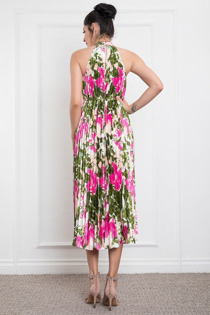 Pleated Halter Neck Printed Satin Midi Dress RVD5870