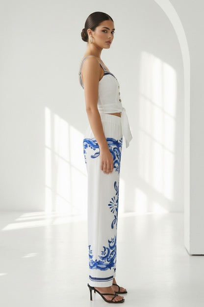 SLEEVELESS BUTTON DOWN TIE FRONT WAISTED TOP PANTS SET