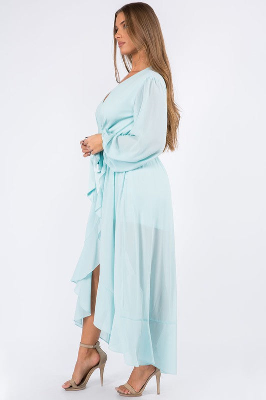 CHIFFON WRAP FRONT LONG SLEEVE HI LO DRESS