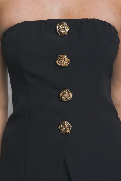 STRAPLESS GOLDEN BUTTON TOP AND MINI SKIRT SET