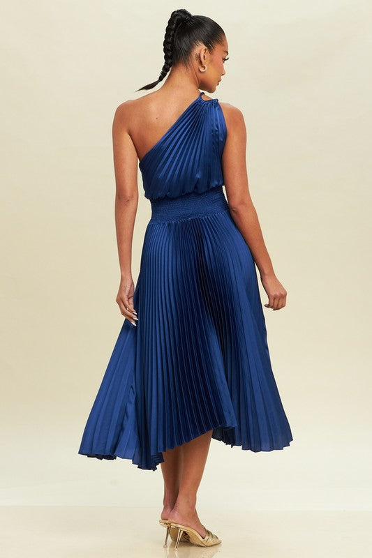 OFF SHOULDER PLEATED MIDI DRESS