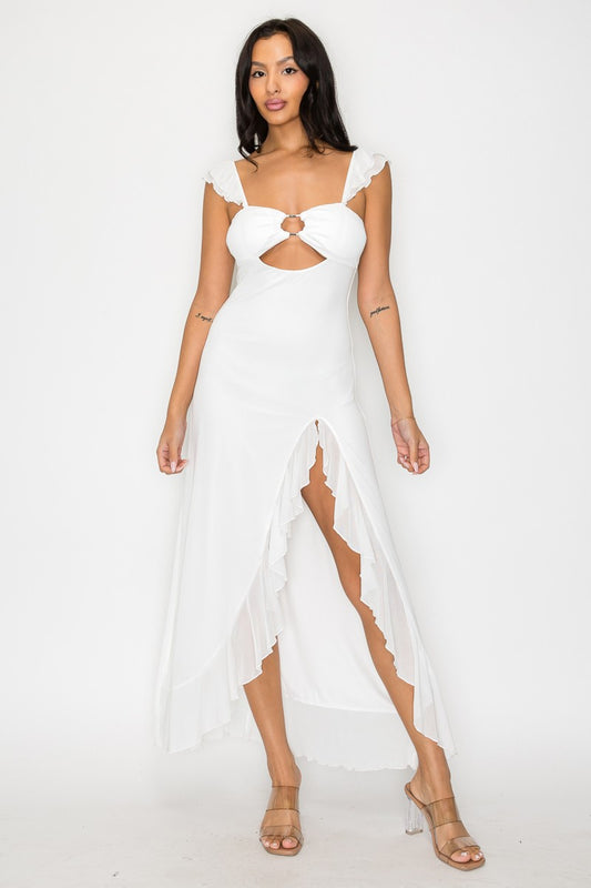Solid Cut Out Slit Ruffle Maxi Dress
