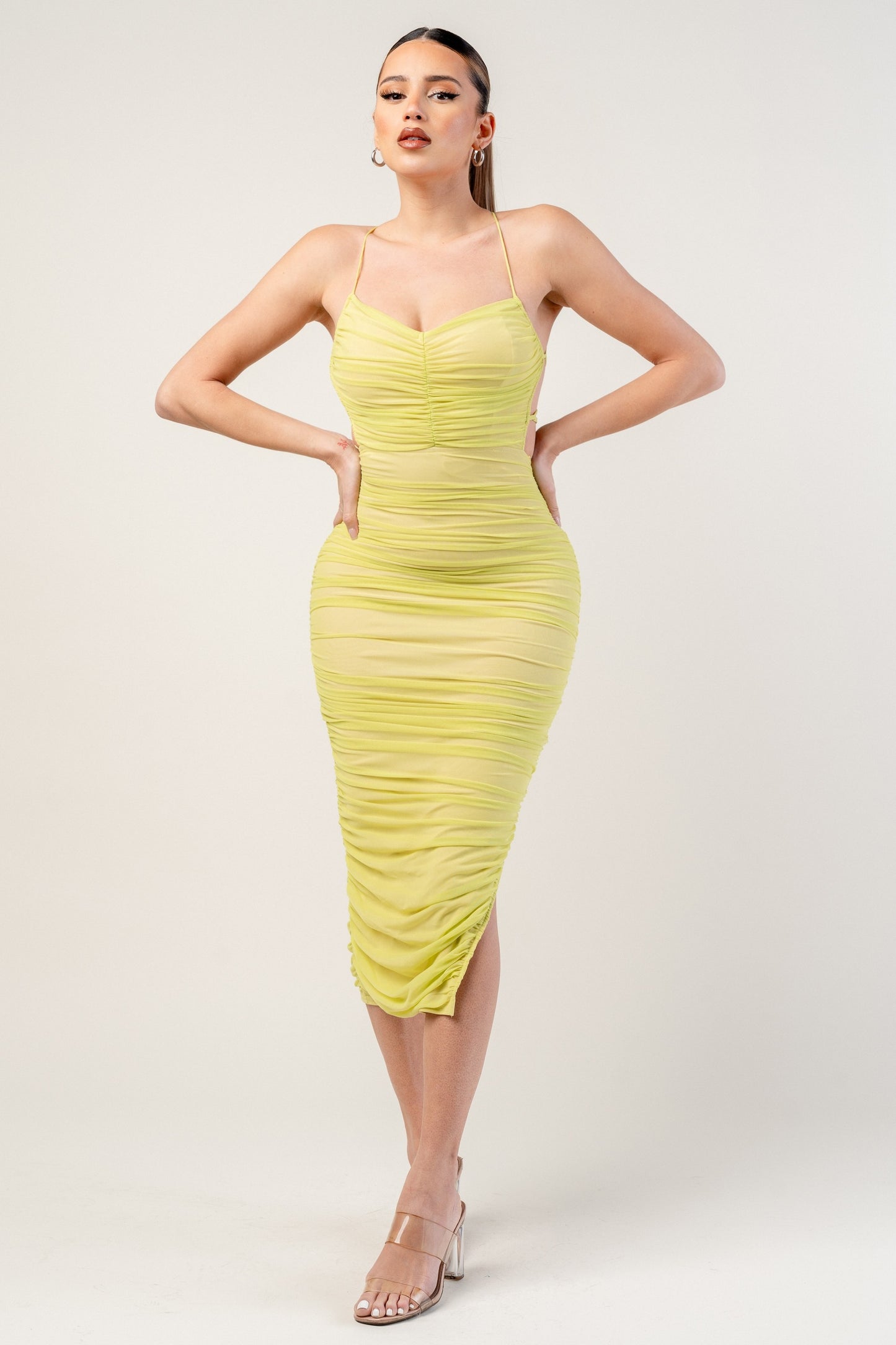 Lux Mesh Drawstring Lace Up Back Ruched Midi Dress