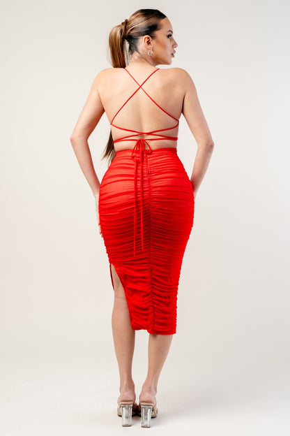 Lux Mesh Drawstring Lace Up Back Ruched Midi Dress