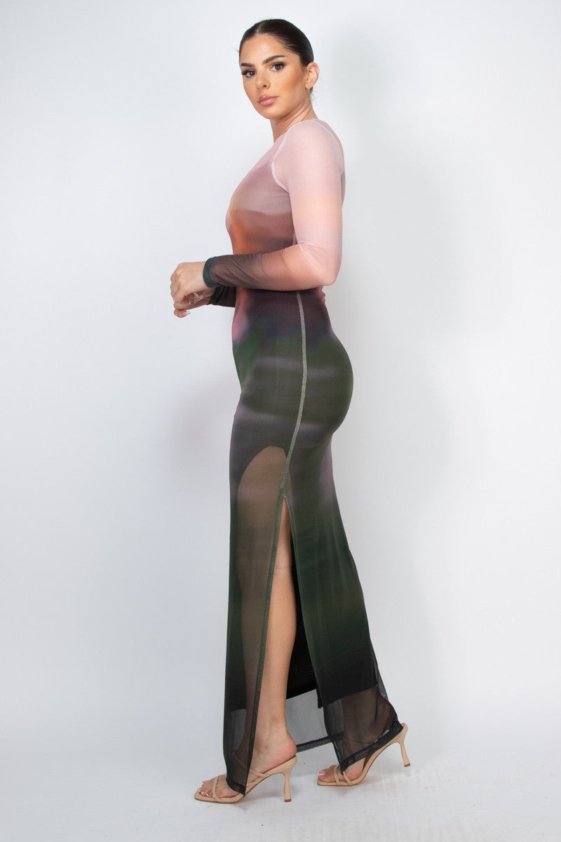 ombre mesh dress long sleeve Unir Women's Ombre Mesh Dress, Long Sleeve Slim Fit Maxi Bodycon Dress, 1PC, S-XXXL