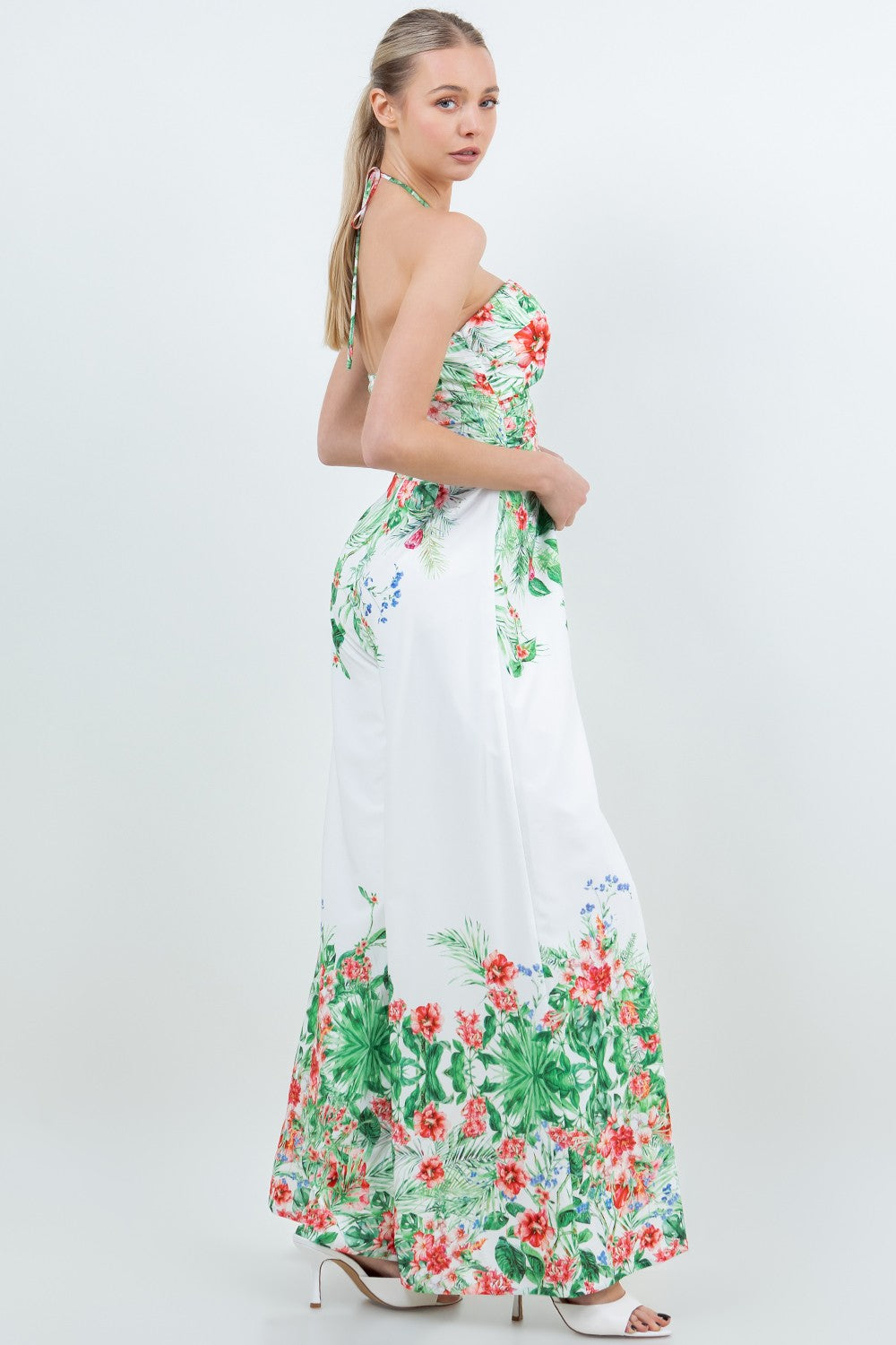 Tropical Floral X- Halter Open Back Zipper Jumsuit