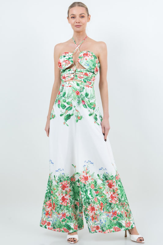 Tropical Floral X- Halter Open Back Zipper Jumsuit