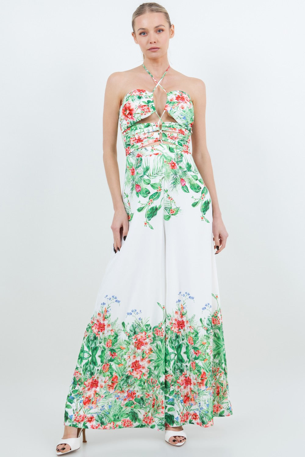 Tropical Floral X- Halter Open Back Zipper Jumsuit
