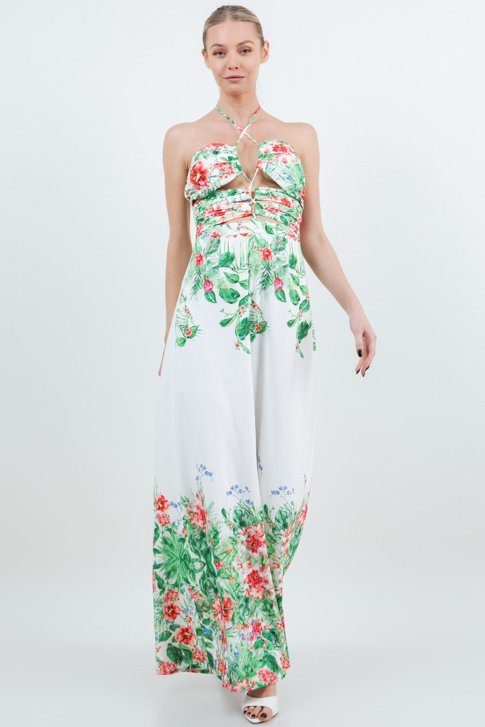 Tropical Floral X- Halter Open Back Zipper Jumsuit