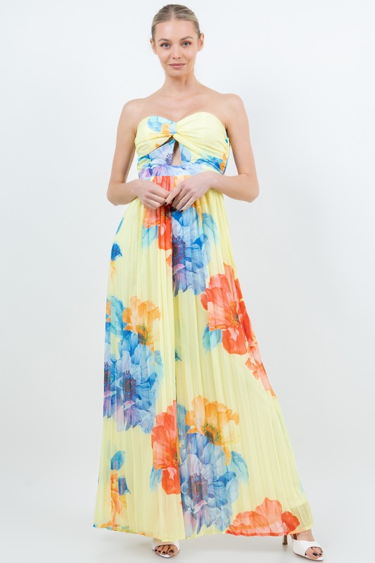 FLORAL PLEATED STRAPLESS WIDE LEG JUMPSUIT