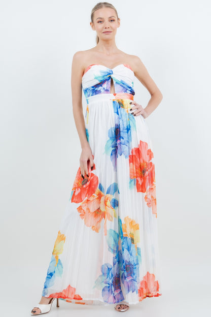 FLORAL PLEATED STRAPLESS WIDE LEG JUMPSUIT