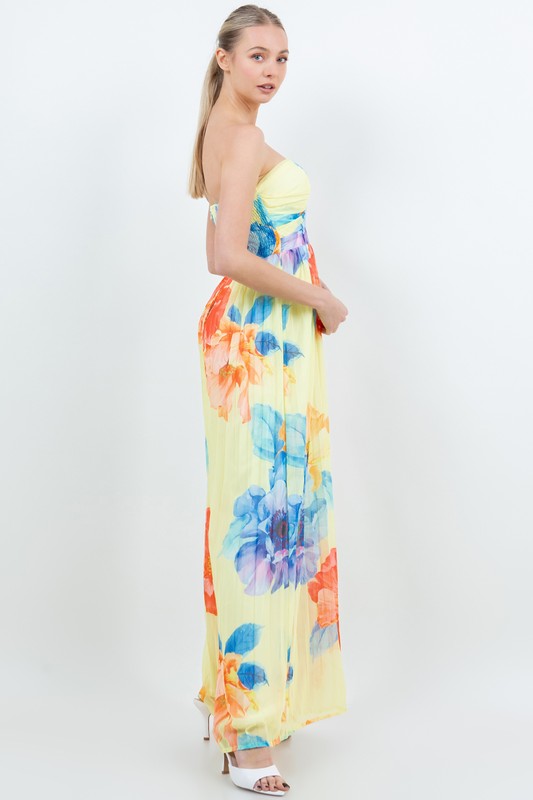 FLORAL PLEATED STRAPLESS WIDE LEG JUMPSUIT