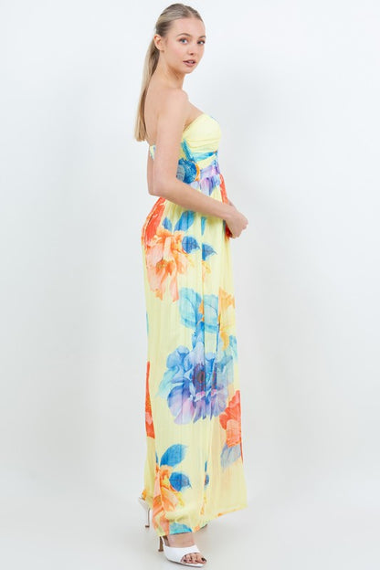 FLORAL PLEATED STRAPLESS WIDE LEG JUMPSUIT