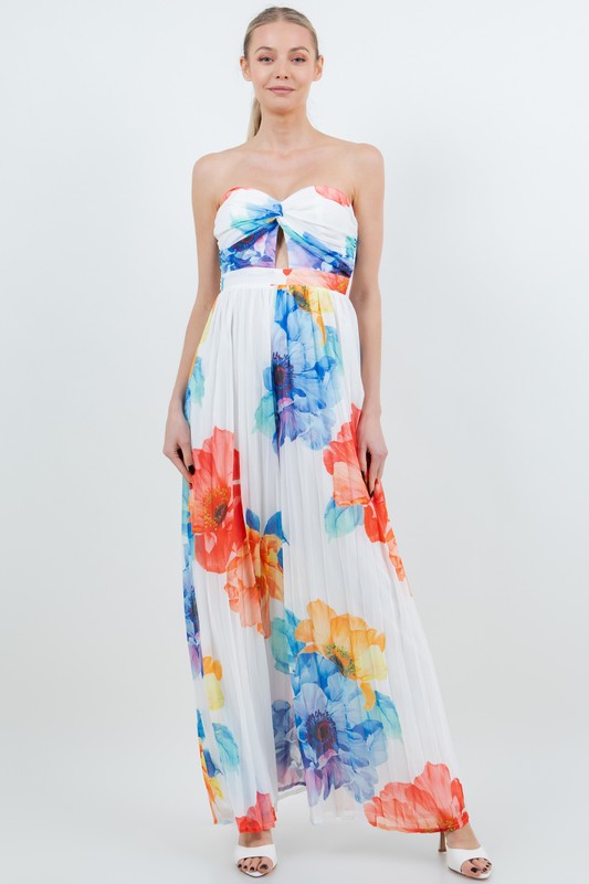 FLORAL PLEATED STRAPLESS WIDE LEG JUMPSUIT