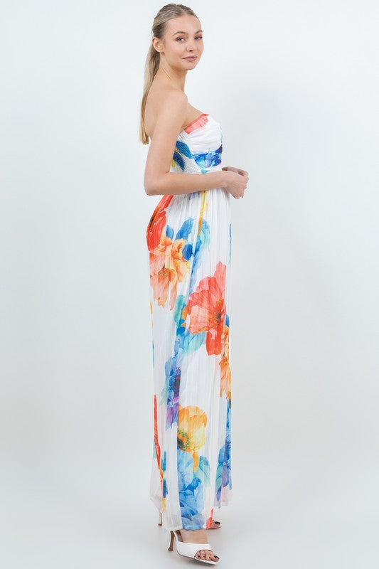 FLORAL PLEATED STRAPLESS WIDE LEG JUMPSUIT