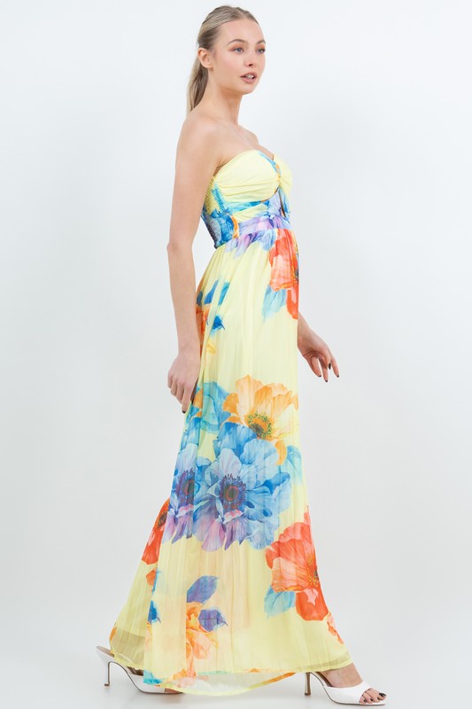 FLORAL PLEATED STRAPLESS WIDE LEG JUMPSUIT