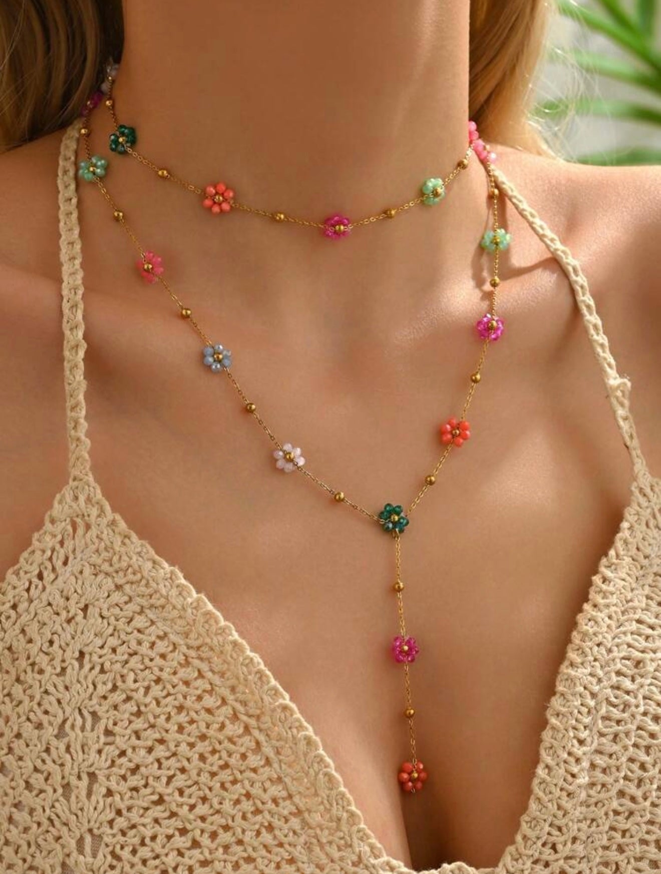 2 PCS STAINLESS STEEL Y FLOWER NECKLACE