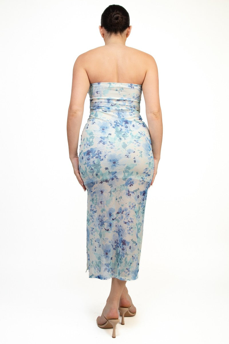 Floral Bandeau Ruched Bodycon Midi Dress