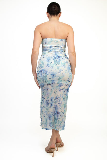 Floral Bandeau Ruched Bodycon Midi Dress