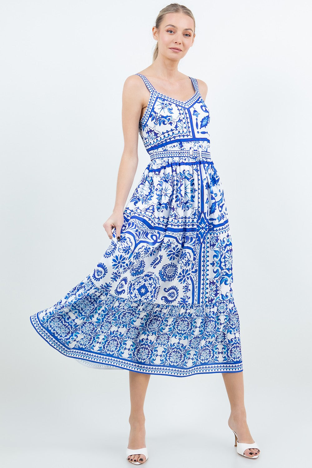 Sleeveless Strap Calf-length Belted Midi Dress