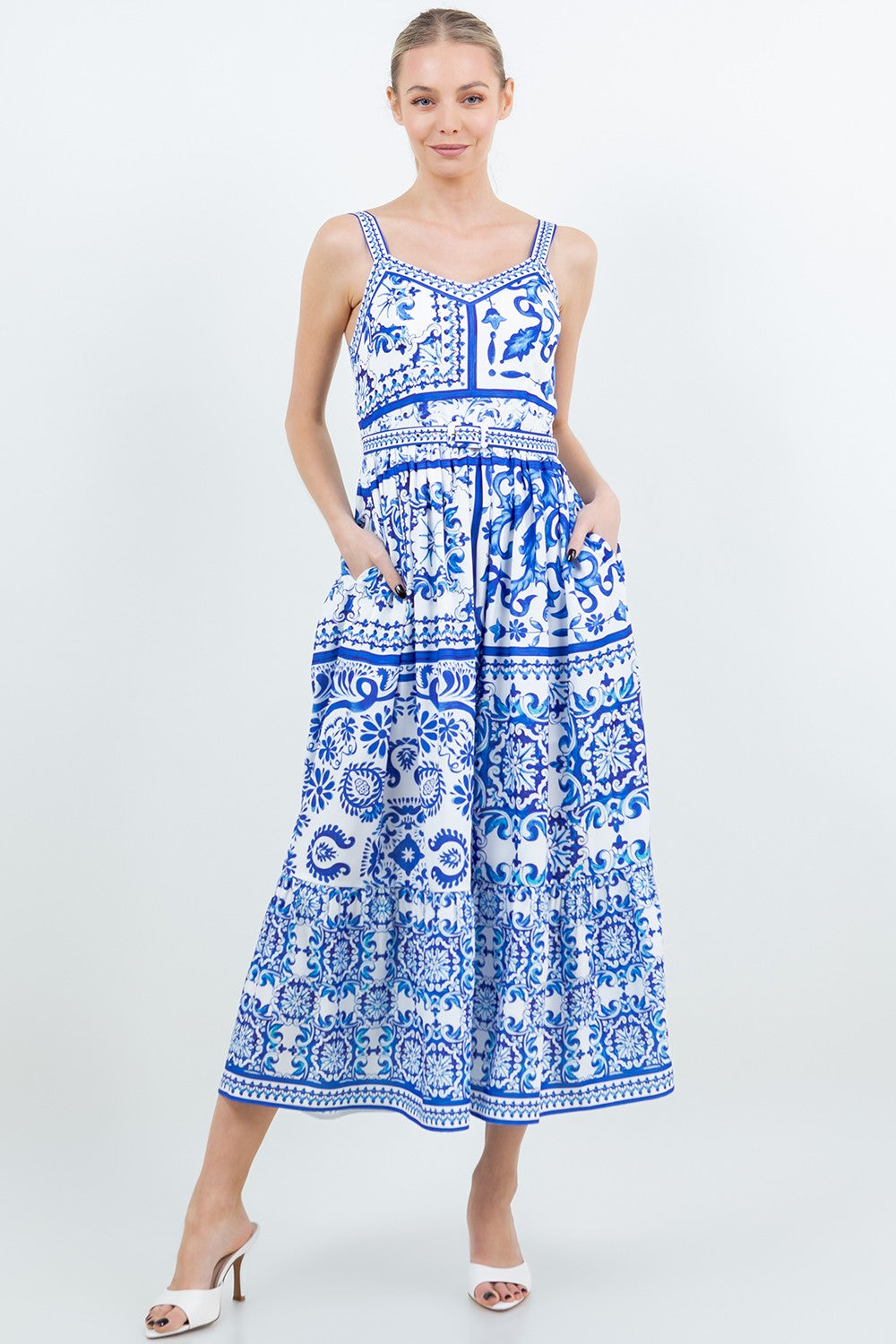 Sleeveless Strap Calf-length Belted Midi Dress