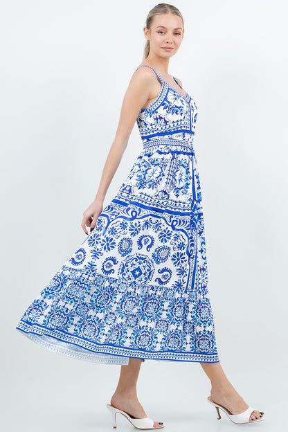 Sleeveless Strap Calf-length Belted Midi Dress