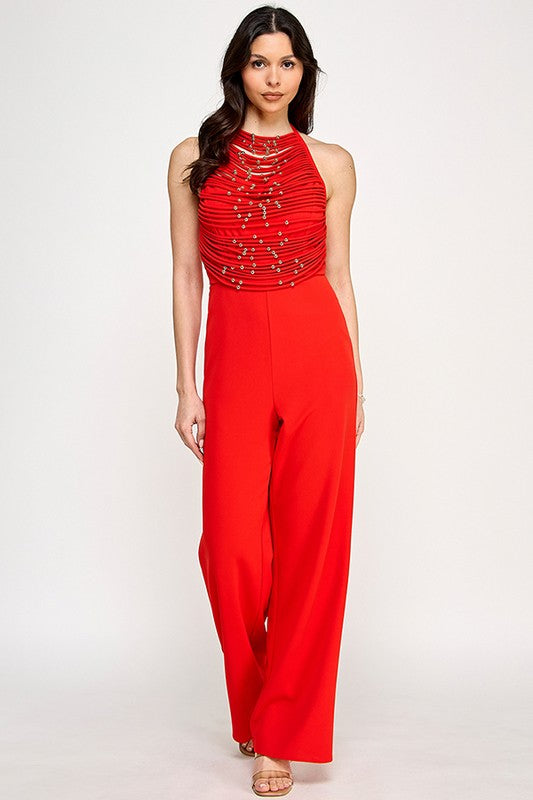 Halter Neck Jumpsuit With Self Cord String And Gold Ball Trim Detail