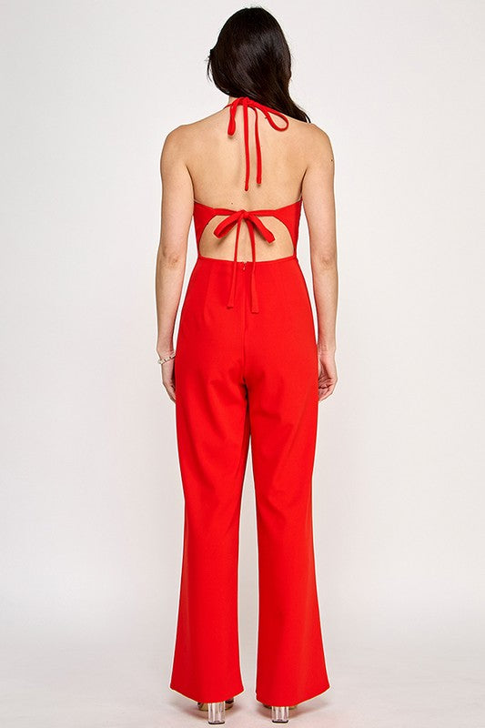 Halter Neck Jumpsuit With Self Cord String And Gold Ball Trim Detail
