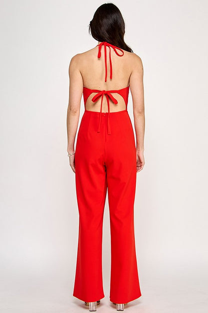 Halter Neck Jumpsuit With Self Cord String And Gold Ball Trim Detail