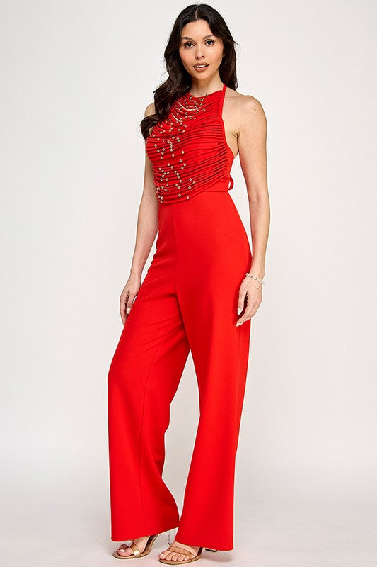 Halter Neck Jumpsuit With Self Cord String And Gold Ball Trim Detail