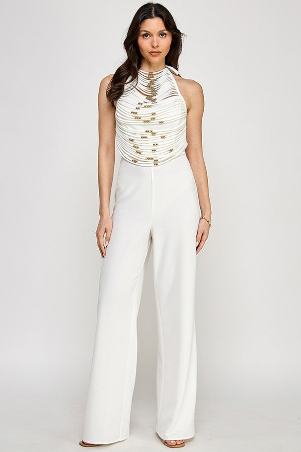 Halter Neck Jumpsuit With Self Cord String And Gold Ball Trim Detail