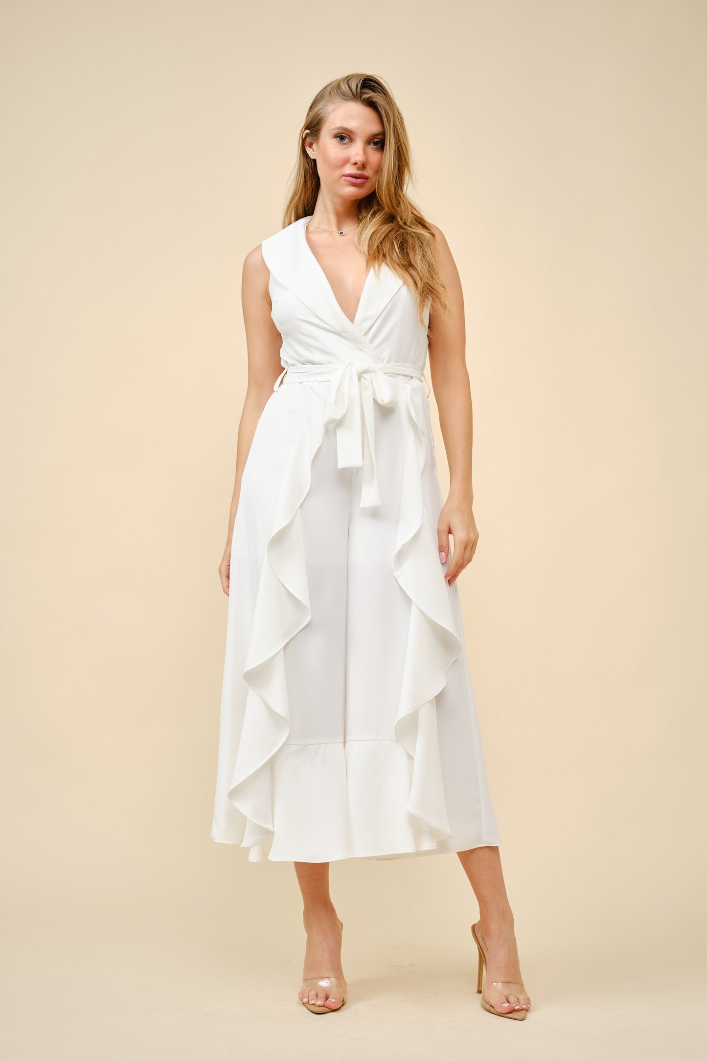 RUFFLED TIE-WAISTT JUMPSUIT