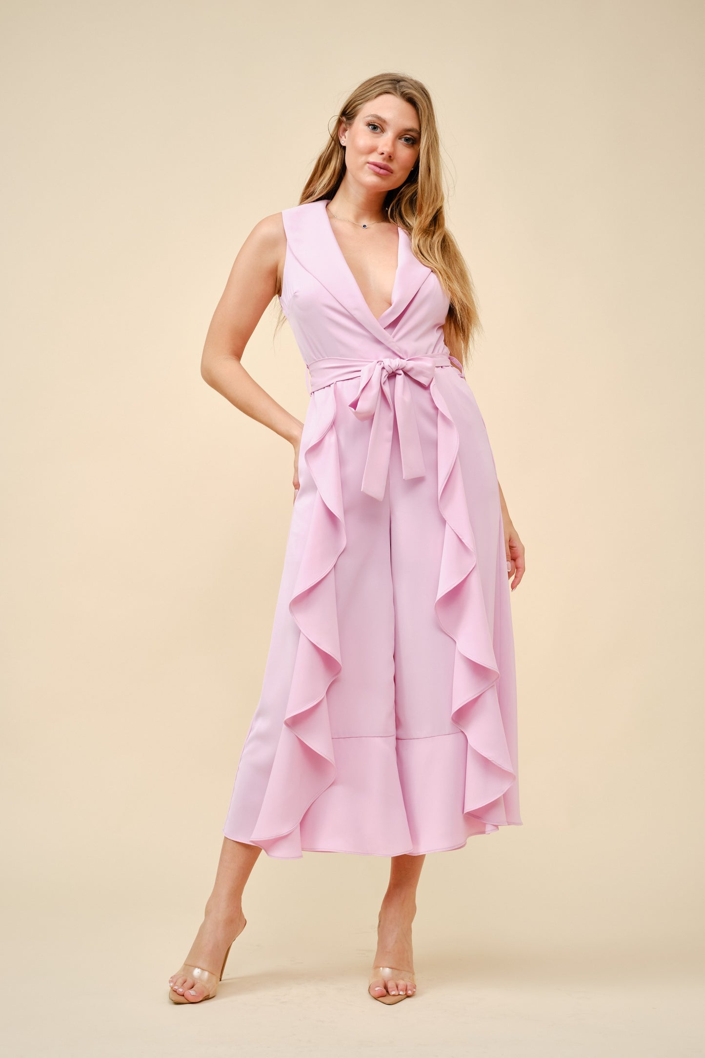 RUFFLED TIE-WAISTT JUMPSUIT