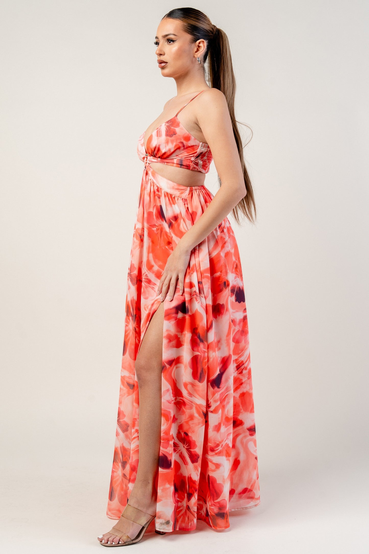 CHELSEA CHIFFON PRINT O-RING & V-NECK MAXI DRESS