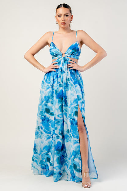 CHELSEA CHIFFON PRINT O-RING & V-NECK MAXI DRESS