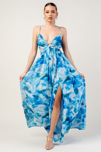 CHELSEA CHIFFON PRINT O-RING & V-NECK MAXI DRESS