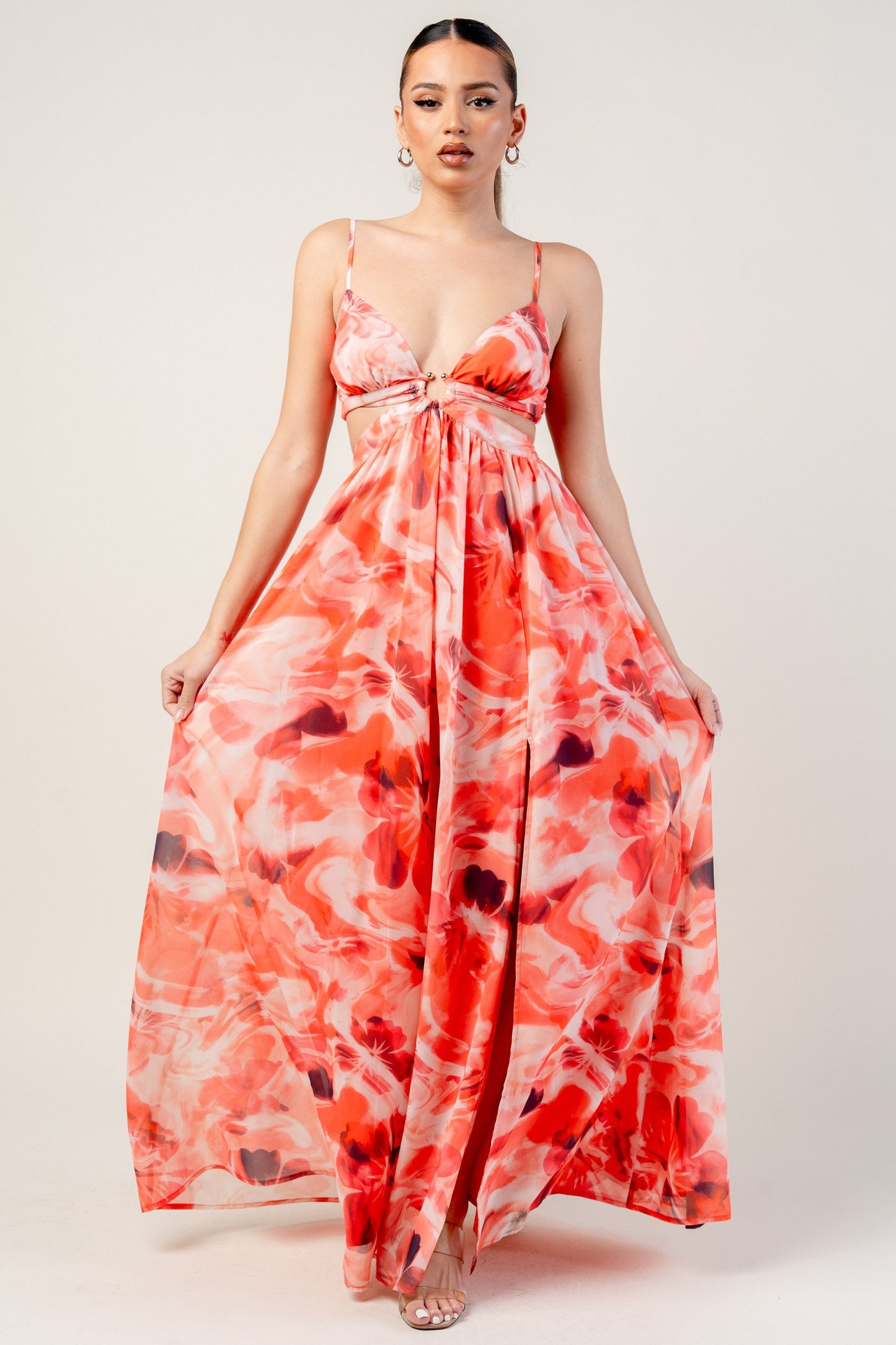 CHELSEA CHIFFON PRINT O-RING & V-NECK MAXI DRESS