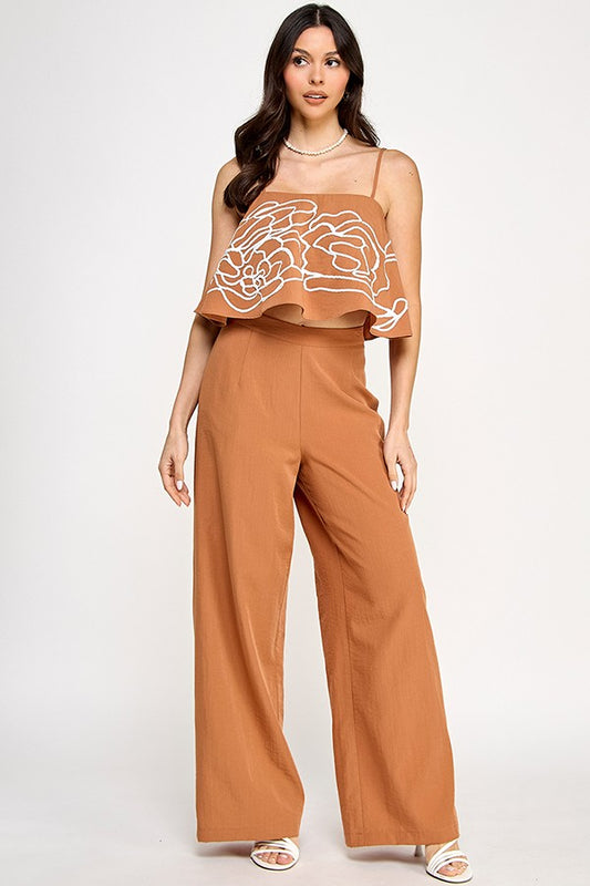 Square Neck Top with Contrast Embroidery and Wide Leg Pants Set