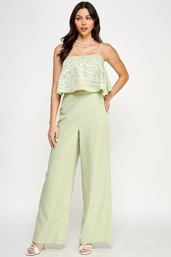 Square Neck Top with Contrast Embroidery and Wide Leg Pants Set