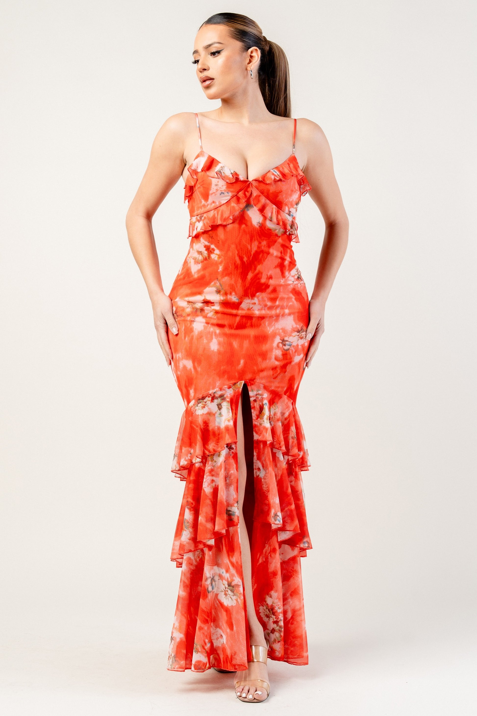 Mesh Print Ruffle Detail V-line Cami Maxi Dress Bella Chica Mesh Print Ruffle Detail V-line Cami Maxi Dress Bella Chica