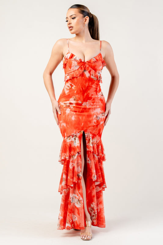 Mesh Print Ruffle Detail V-line Cami Maxi Dress