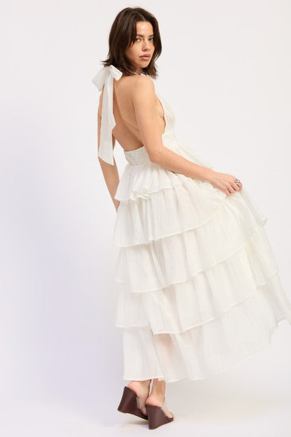 HALTER TIERED MIDI DRESS WITH NECK TIE