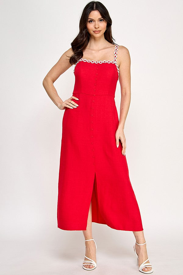 Flower Trim Detail Sleeveless Midi Dress