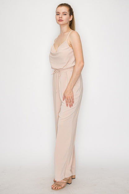 Elastic Waist Cowl Neck Casual Jumpsuit